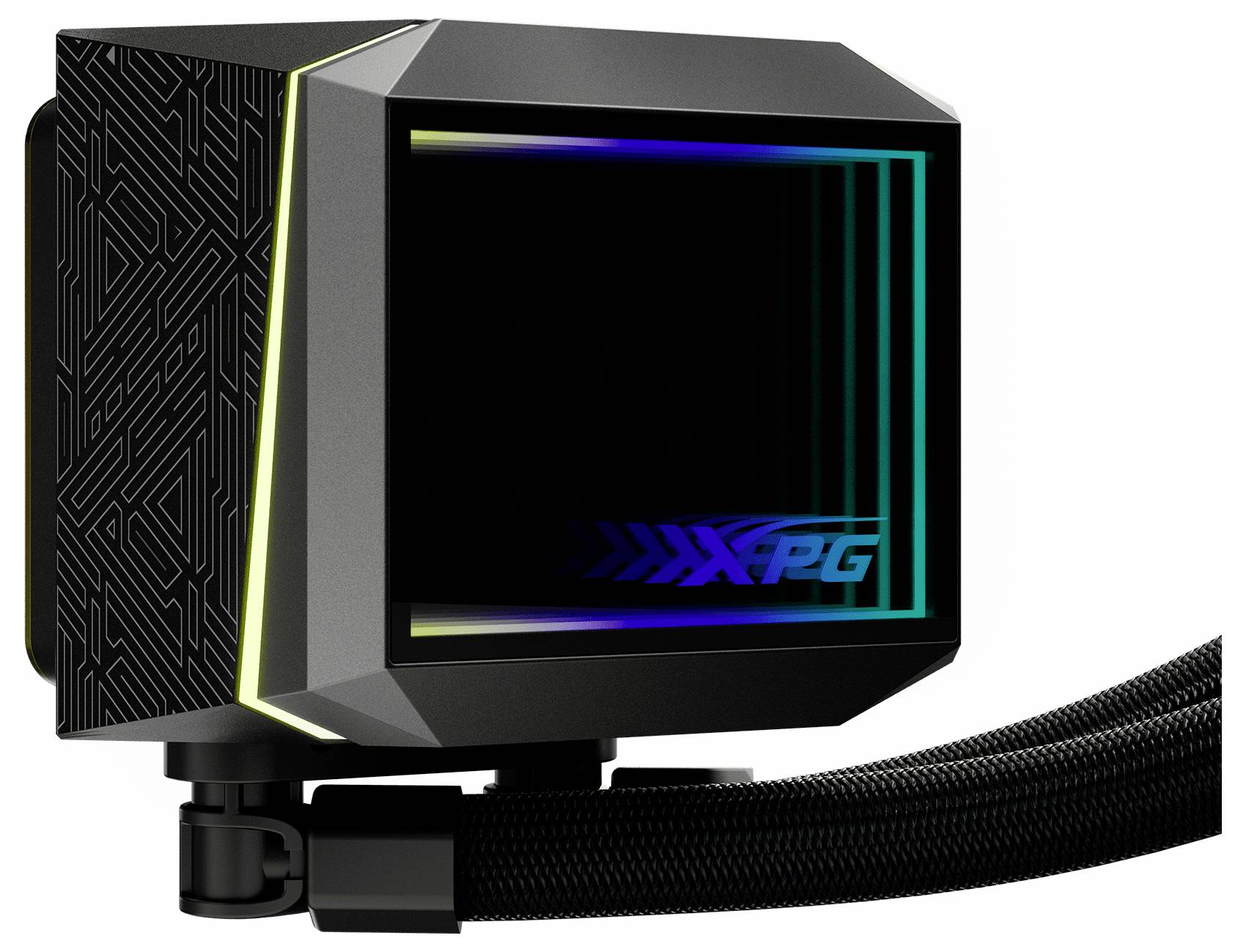 Elegantný počítačový systém chladenia kvapalinou s geometrickým dizajnom, so svetielkujúcimi LED hranami a výrazným logom 'XPG' na prednej strane.