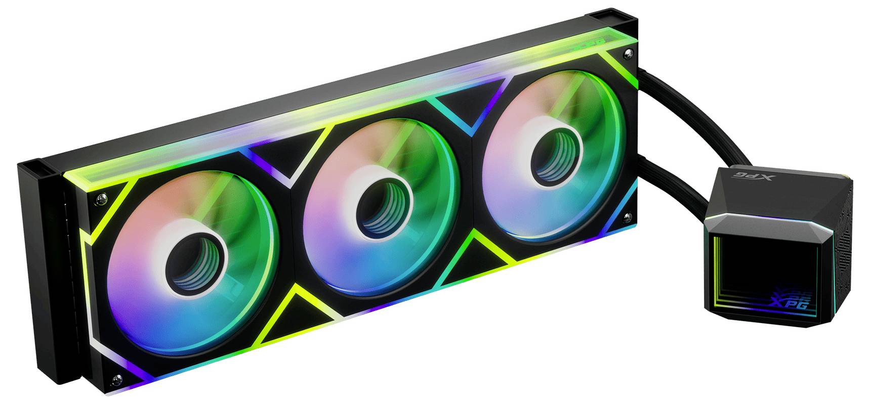 Kvapalinový chladiaci systém vybavený tromi RGB osvetlenými ventilátormi a chladiacim blokom s káblami, navrhnutý pre efektívne chladenie počítačového hardvéru.