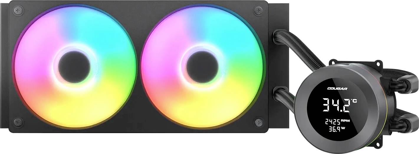 Dva chladiarenské ventilátory s RGB podsvietením a digitálny displej zobrazujúci '34,2°C, 2425 ot./min., 36 W' na komponente systému kvapalinového chladenia CPU.