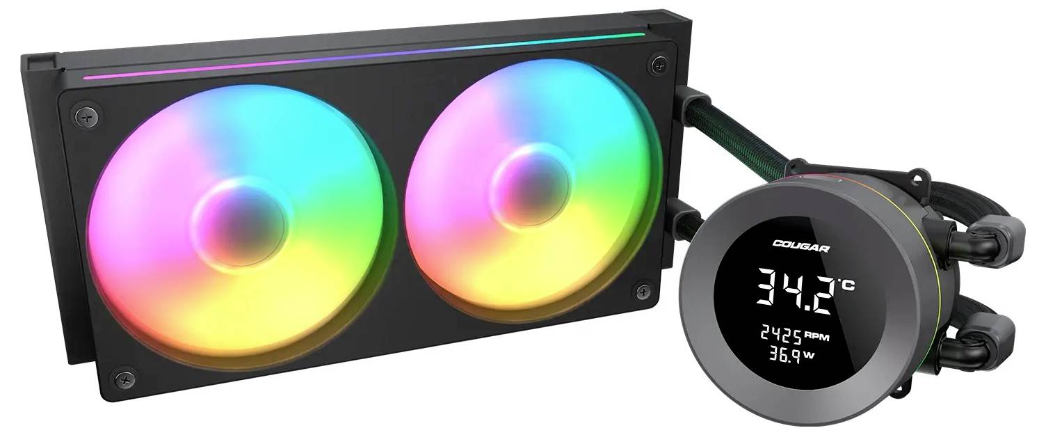 Chladič CPU s duálnym ventilátorom a farebnými LED svetlami, zobrazujúci teplotu 34,2°C na digitálnom displeji.