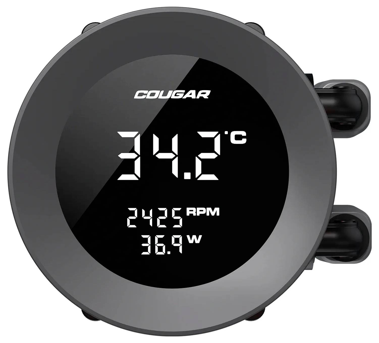 Digitálny displej zobrazujúci teplotu 34,2°C, rýchlosť ventilátora 2425 otáčok za minútu a príkon 36,9 wattov. Označený logom Cougar.