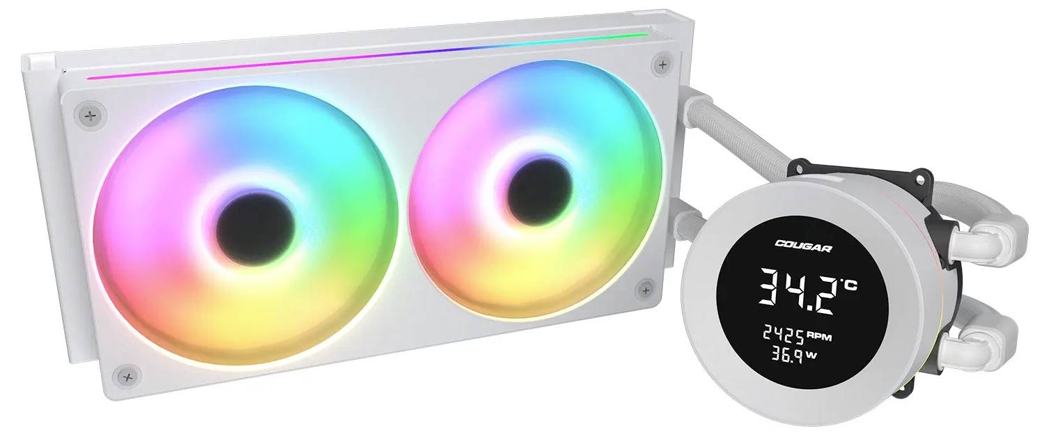 Systém chladenia CPU s dvoma ventilátormi s RGB podsvietením a digitálnym displejom zobrazujúcim teplotu 34,2°C, 2425 otáčok za minútu a 36,9% rýchlosti ventilátora.