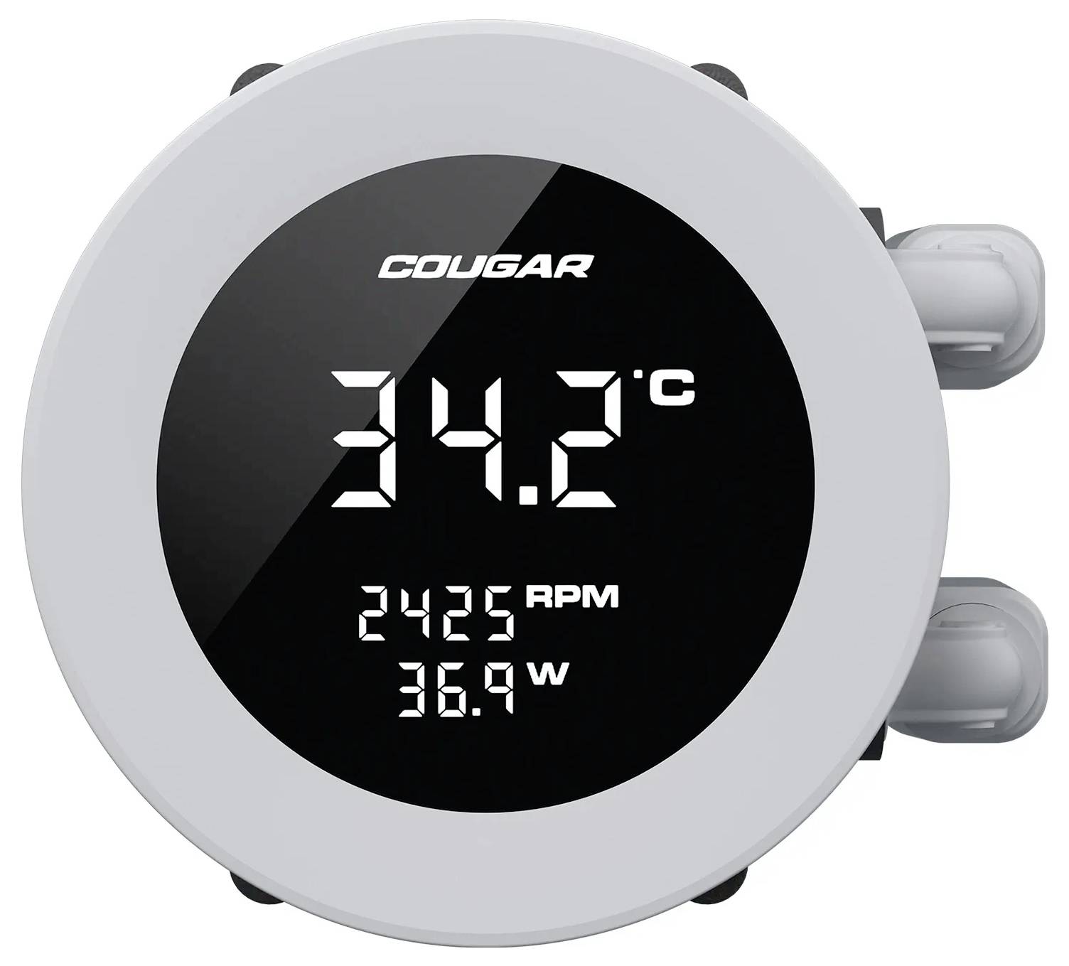 Digitálny displej zobrazuje '34.2°C', '2425 ot./min.', a '36.9 W', čo indikuje teplotu, rýchlosť ventilátora a spotrebu energie na bielom a čiernom okrúhlom zariadení.