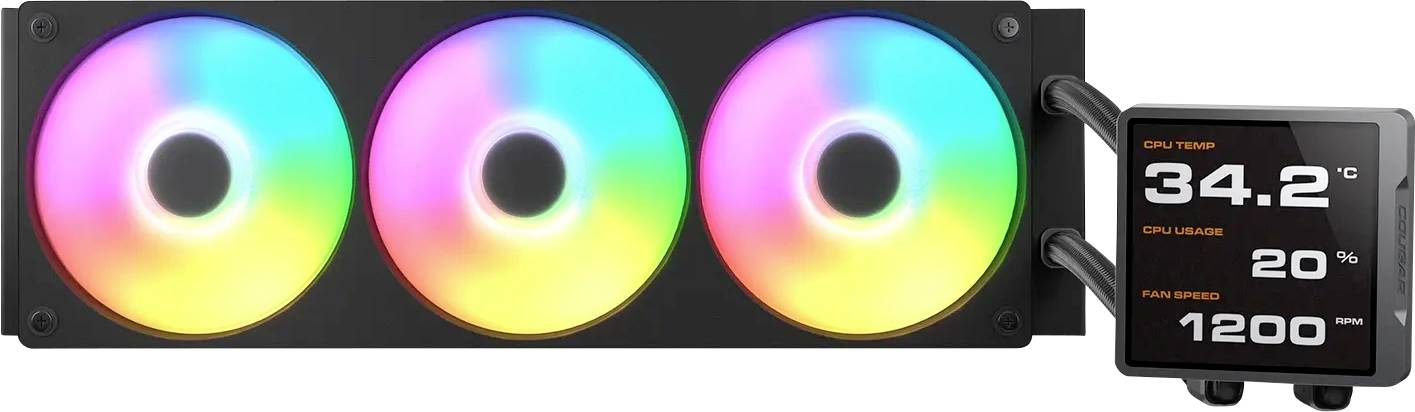 Systém chladenia počítača obsahuje tri kruhovité RGB ventilátory s monitorom zobrazujúcim teplotu CPU 34,2°C, využitie na 20 % a rýchlosť ventilátora 1200 otáčok za minútu.