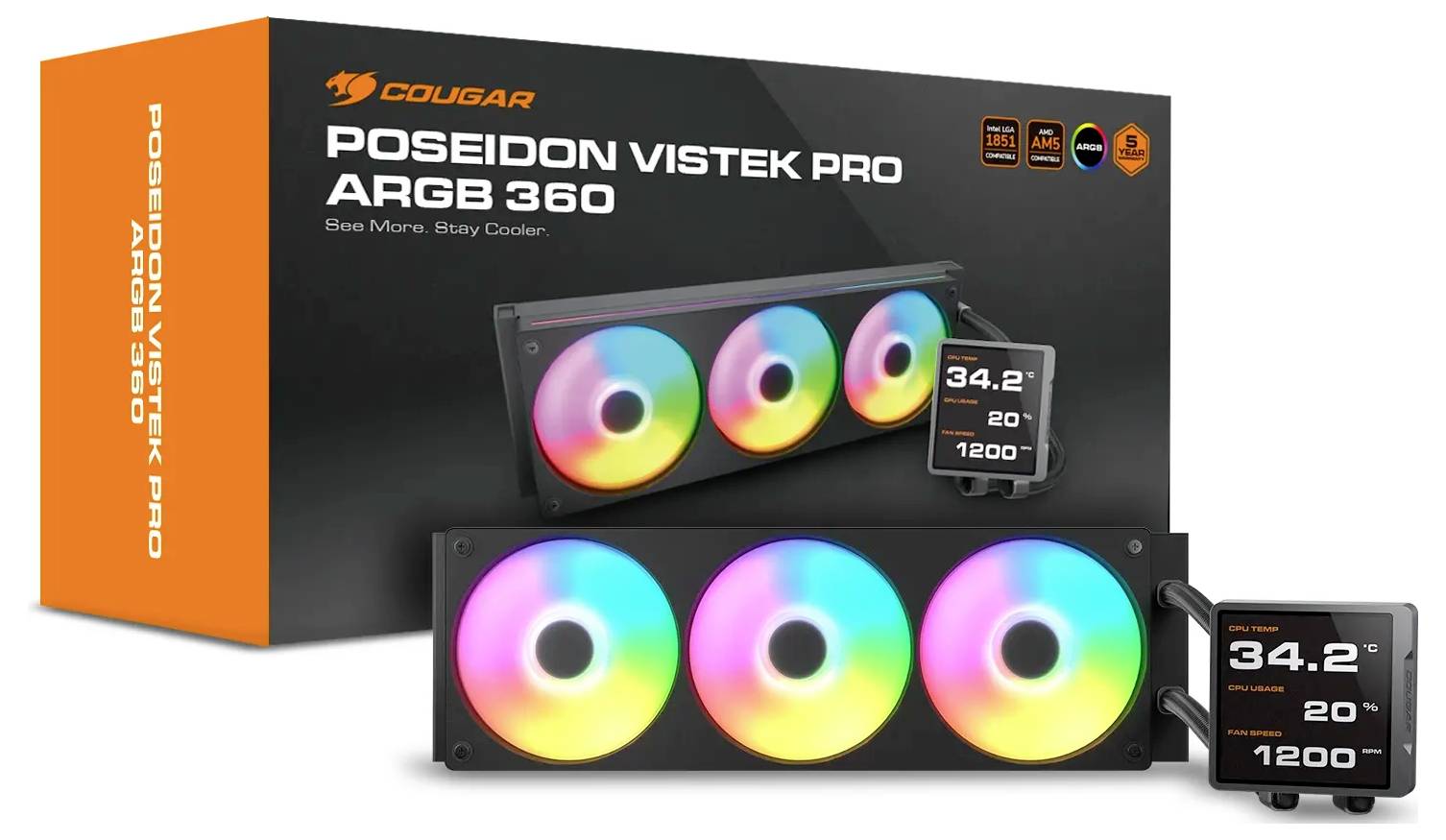 Chladič Cougar Poseidon Vistek Pro ARGB 360 s tromi RGB ventilátormi a displejom zobrazujúcim teplotu '34,2 °C' a rýchlosť '1200 ot./min'.