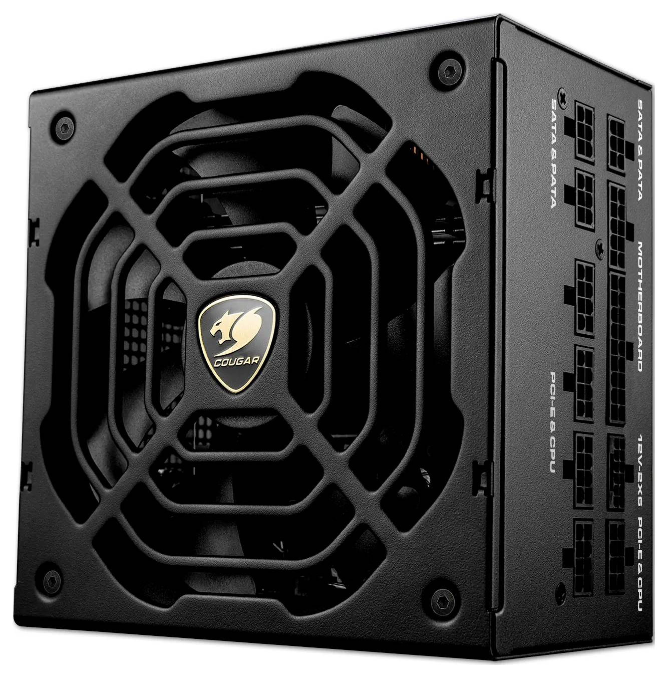 Obrázok zobrazuje čiernu počítačovú napájaciu jednotku značky Cougar, ktorá je vybavená namontovaným ventilátorom s bezpečnostnou mriežkou a viacerými konektorovými slotmi.