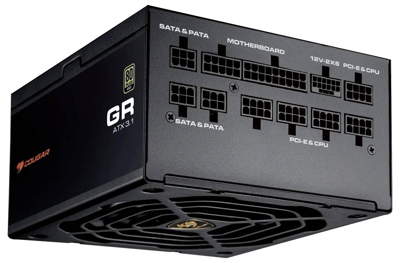 Čierny ATX 3.1 napájací zdroj počítača s viacerými označenými konektormi pre SATA, PATA, základnú dosku, PCI-E a CPU, označený nápisom "Cougar".
