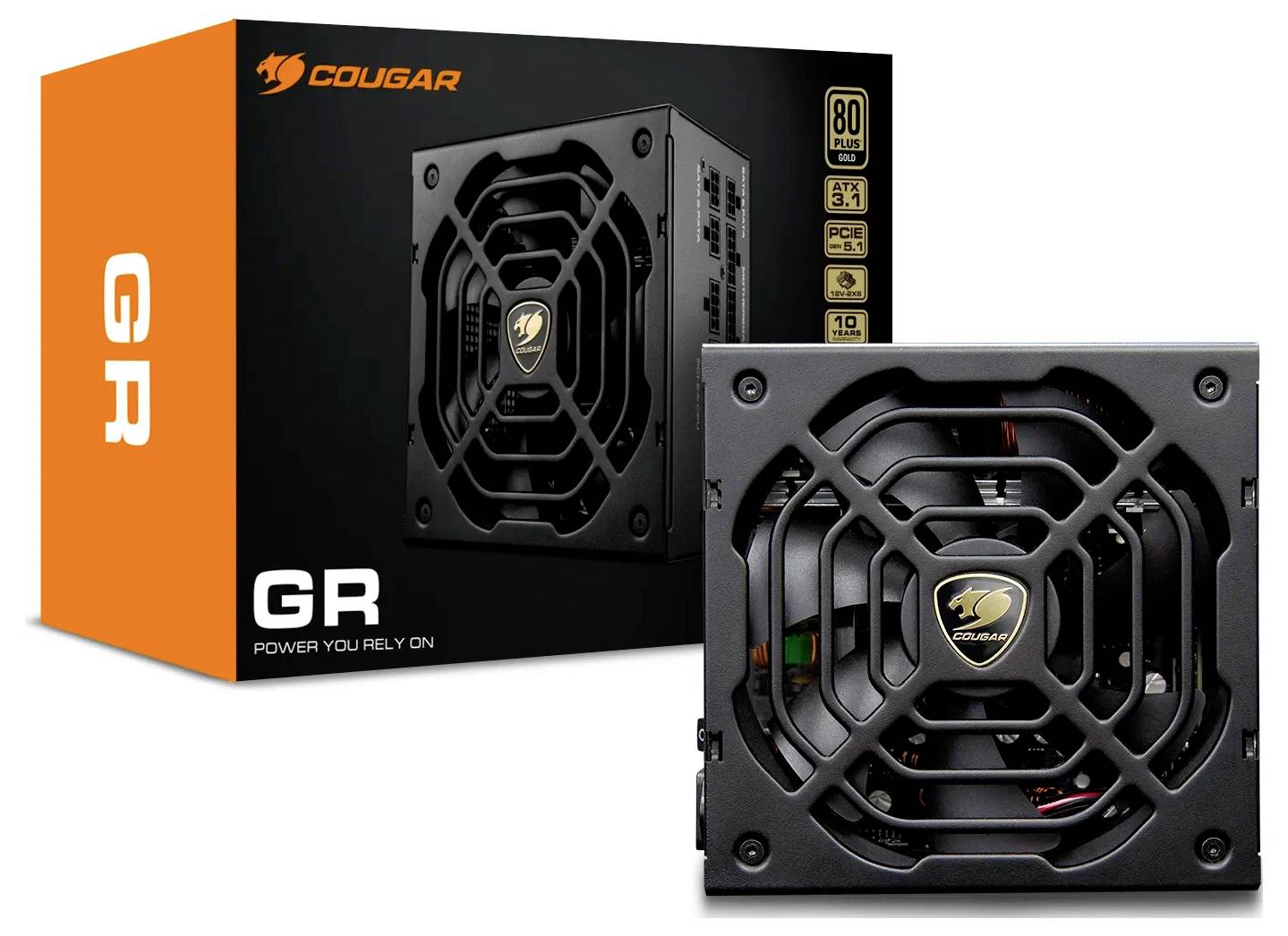 Napájací zdroj Cougar GR s čiernym krytom s mriežkou ventilátora, umiestnený vedľa svojho oranžovo-čierneho balenia označeného 'GR'.