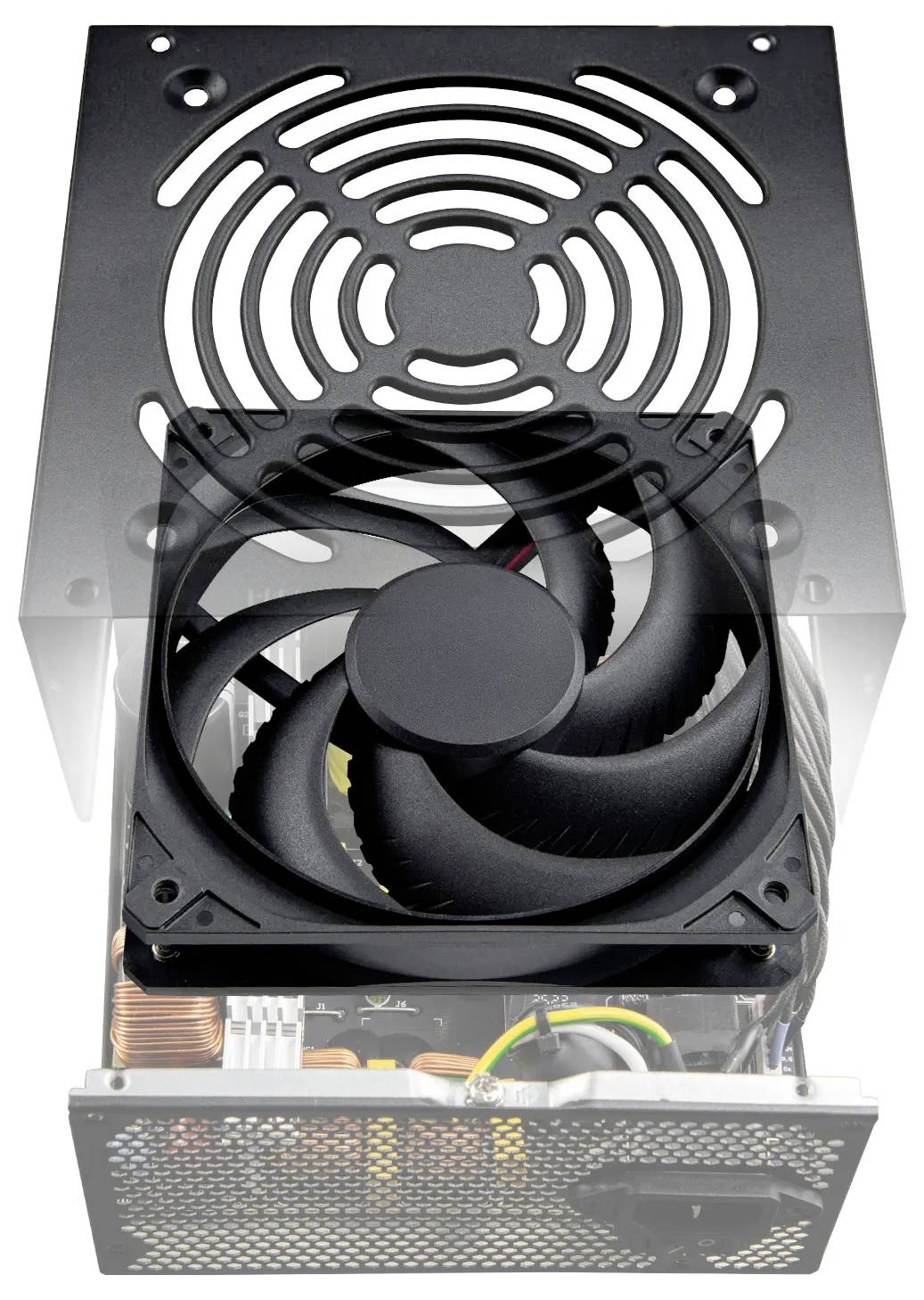 Počítačový zdroj s chladiacim ventilátorom na vrchu, zobrazujúci vnútorné komponenty ako kondenzátory a elektrické vedenie.