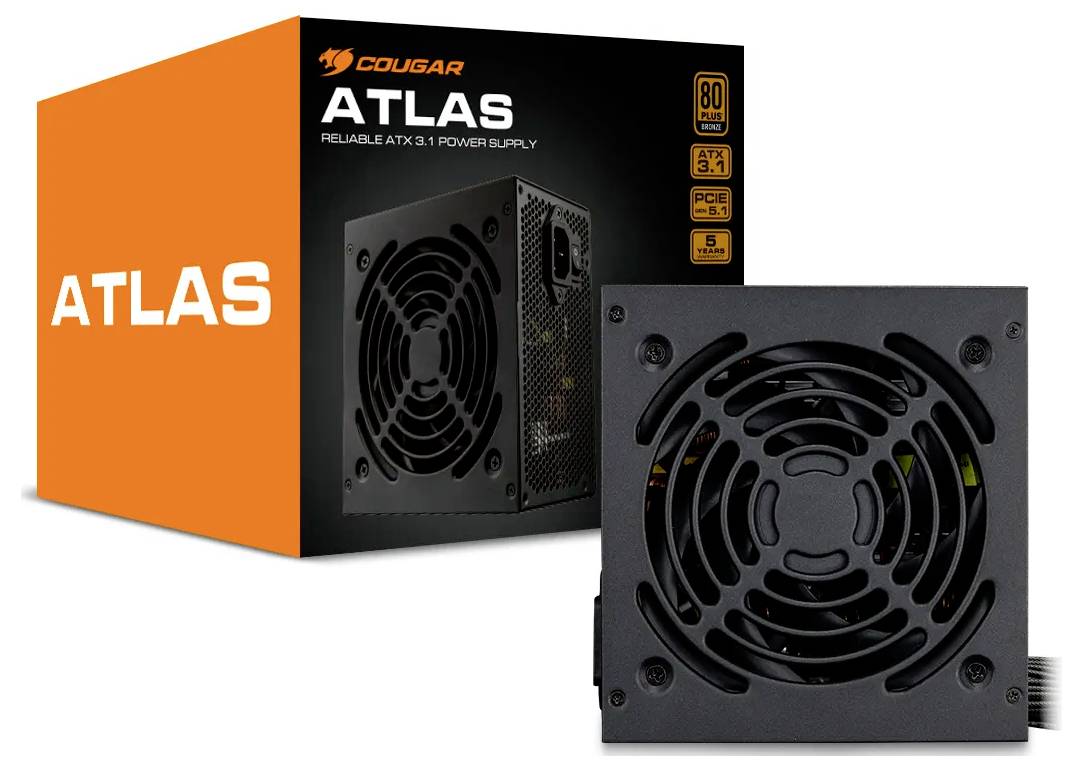 Napájací zdroj 'COUGAR ATLAS' s nálepkami: účinnosť 80 Plus Bronze, ATX 3.0 a 5-ročná záruka. Čierna napájacia jednotka zobrazená.
