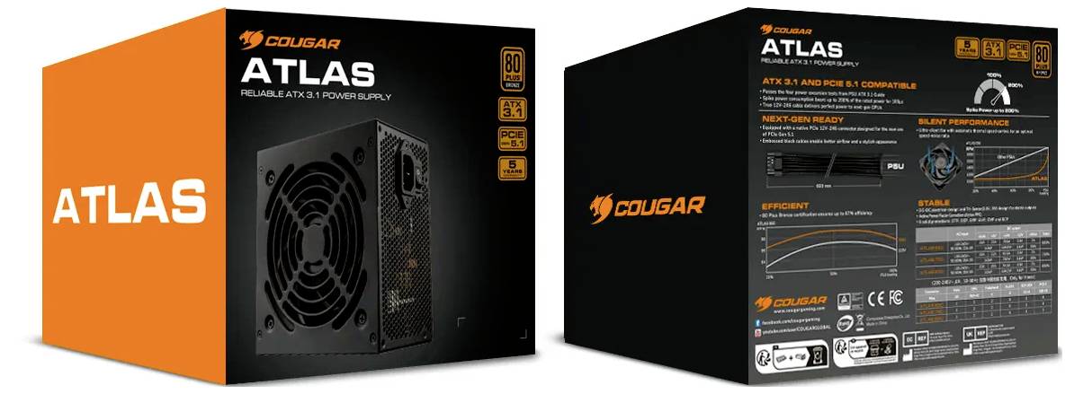 Škatuľa napájacieho zdroja ATX 'COUGAR ATLAS', zobrazujúca obrázok produktu, kľúčové technické špecifikácie, certifikáciu 80 Plus Bronze a výkonnostné grafy.