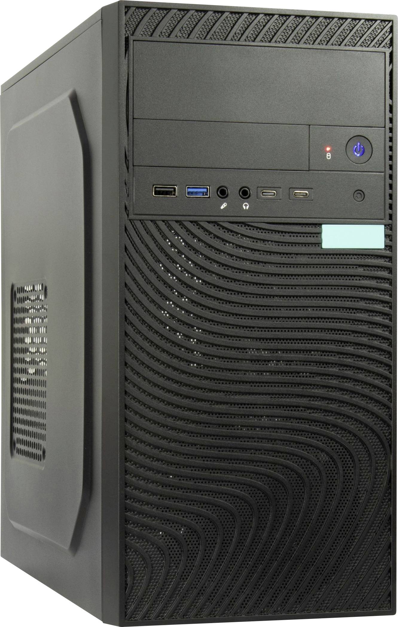 Čierny počítačový tower s USB portami, konektorom na slúchadlá a hlavným vypínačom nápadne umiestnenými na prednom paneli.