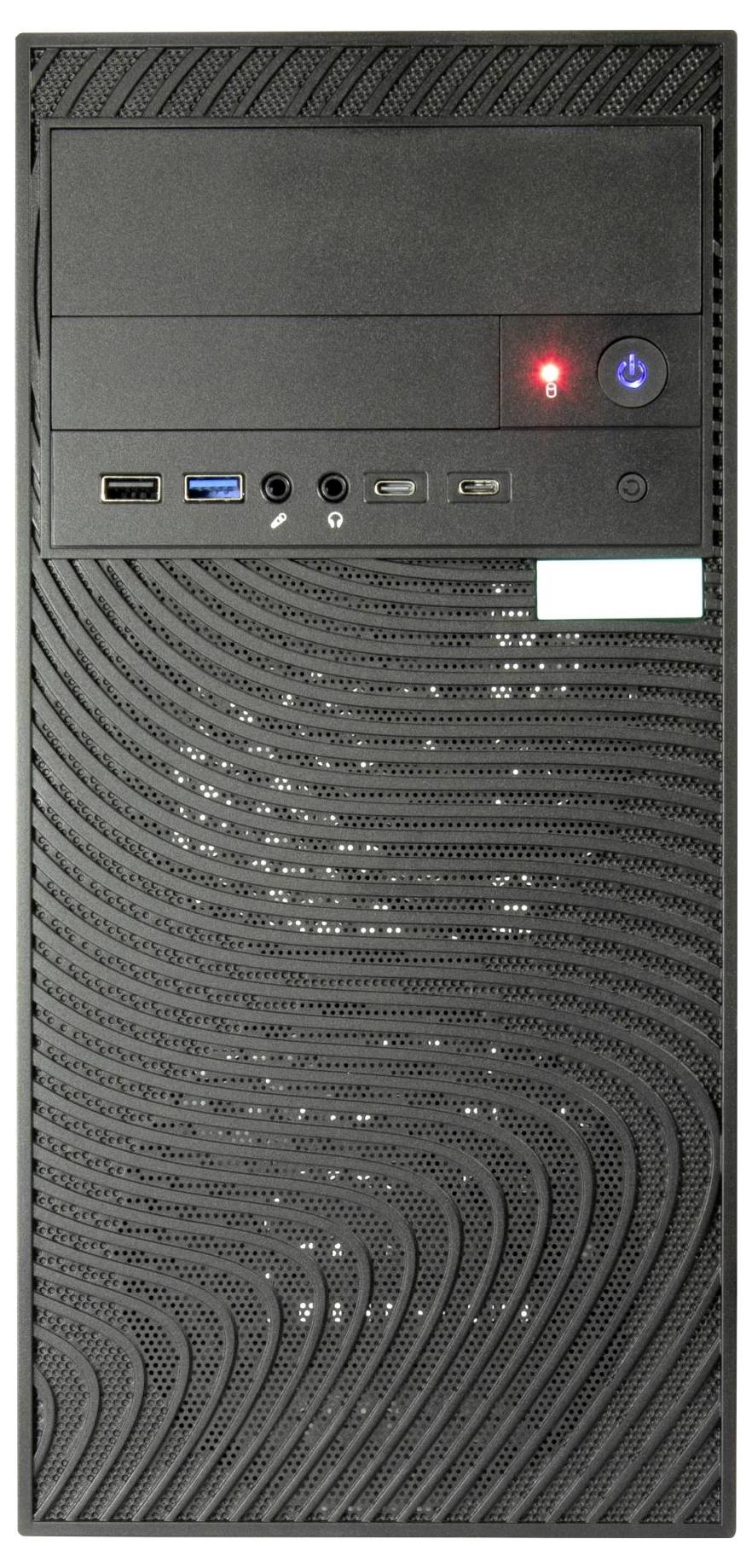 Veža počítačovej skrinky s USB portami, audio konektormi a vypínačom na prednom paneli. Čierna farba s dizajnom vlnitého vzoru.