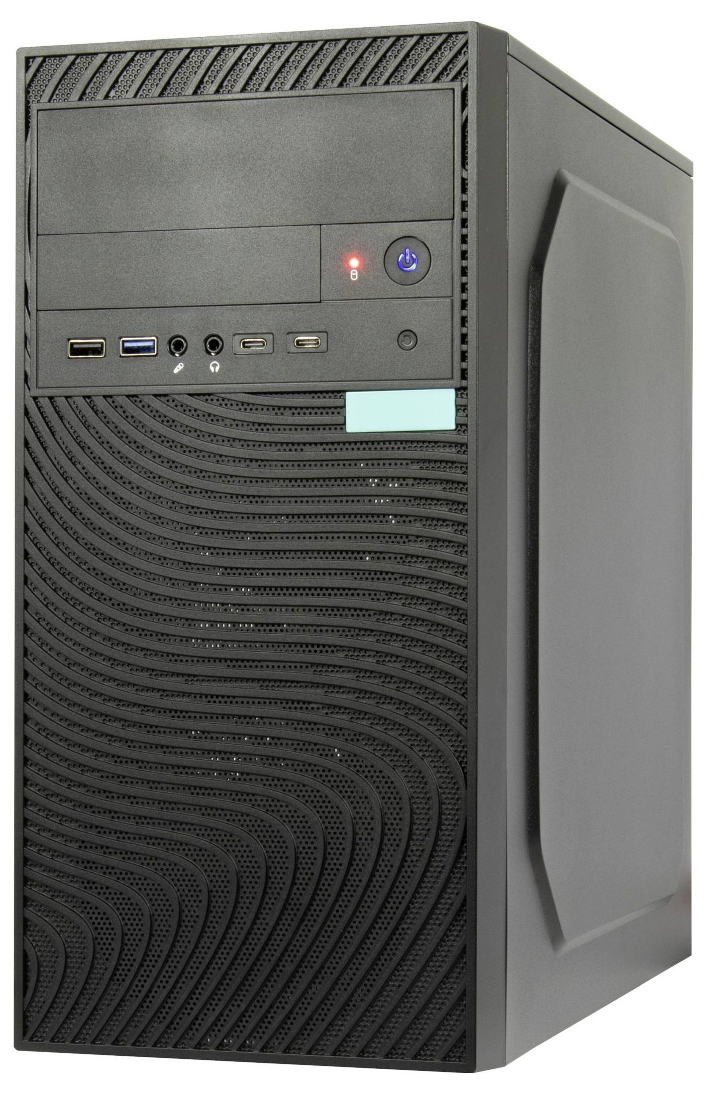 Čierny stolový počítač s textúrovaným predným panelom, tlačidlom napájania, USB portami a modrou indikačnou kontrolkou na prednej strane.