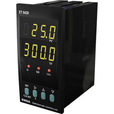 Obrázok ukazuje regulátor teploty ENDA ET 8420 zobrazujúci 25,0 PV (aktuálnu hodnotu procesu) a 300,0 SV (nastavenú hodnotu) so signalizačnými svetlami.