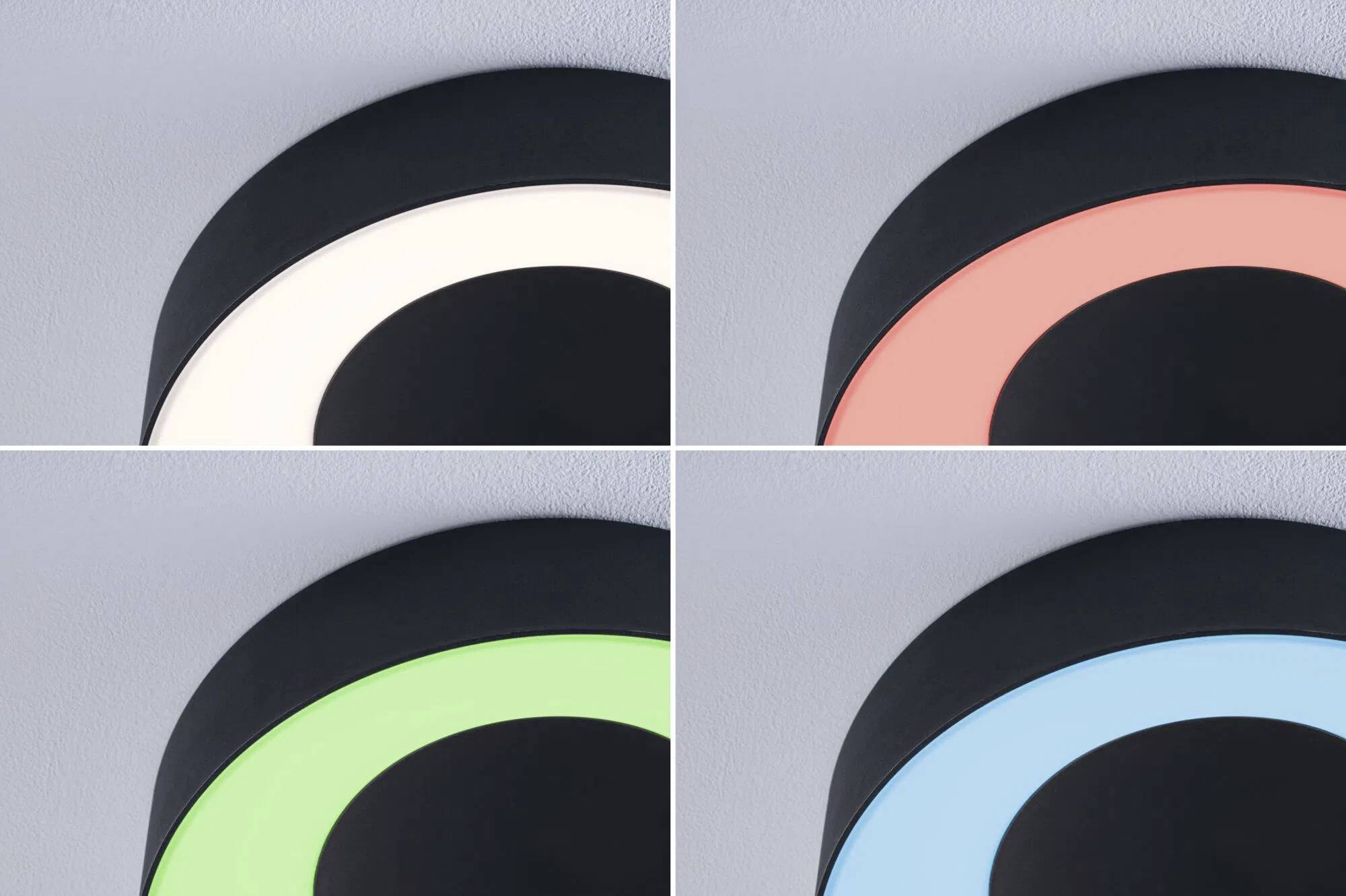 Štyri stropné svetlá zobrazujú rôzne farby: bielu, červenú, zelenú a modrú. Každé svetlo má kruhovitý tvar na neutrálnom strope.