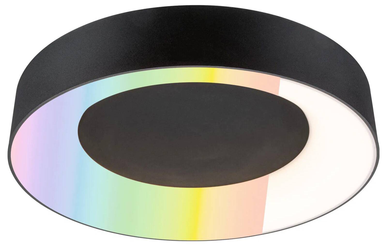 Kruhové stropné svetlo s elegantným čiernym exteriérom, ktorého okraj zdobí dúhový prechod farieb, čím pridáva farebný akent.