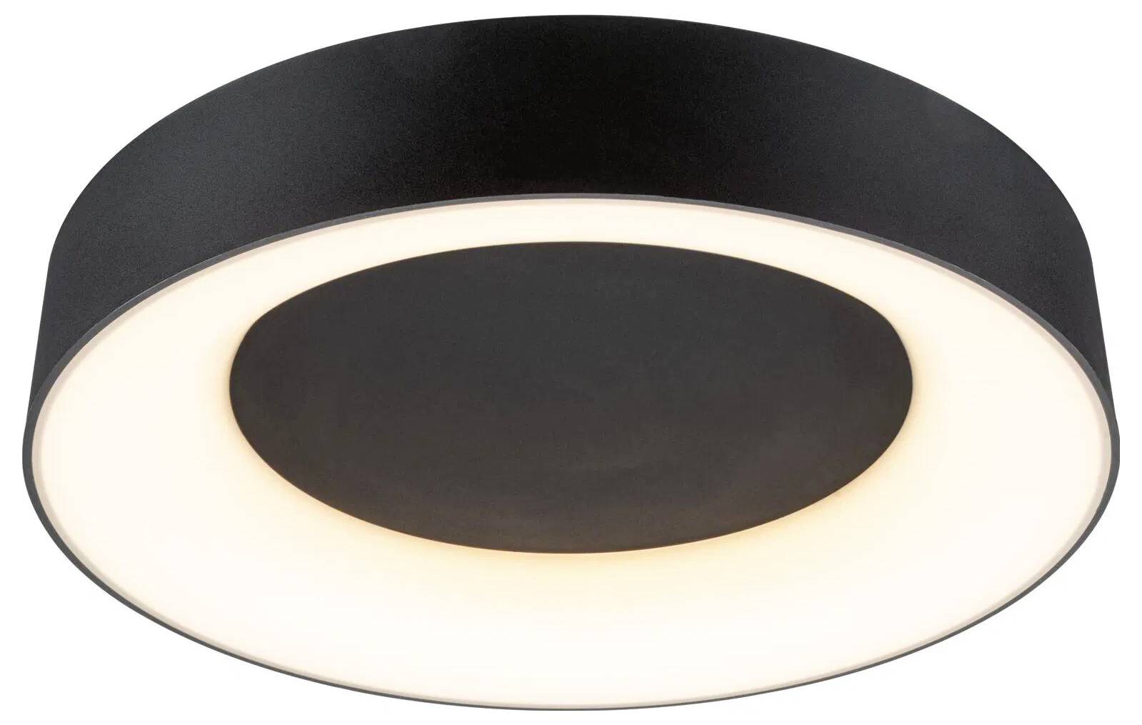 Okrúhle stropné svietidlo v čiernej farbe so žiariacimi bielymi okrajmi, navrhnuté na poskytovanie ambient osvetlenia v moderných interiéroch.