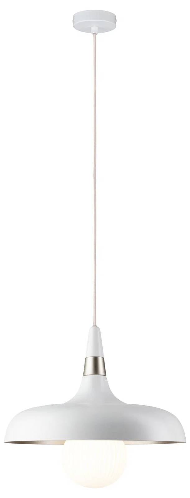 Moderné biele závesné svietidlo s hladkým, oblým dizajnom a žiariacou žiarovkou, zavesené na tenkej bielej šnúre od stropnej objímky.