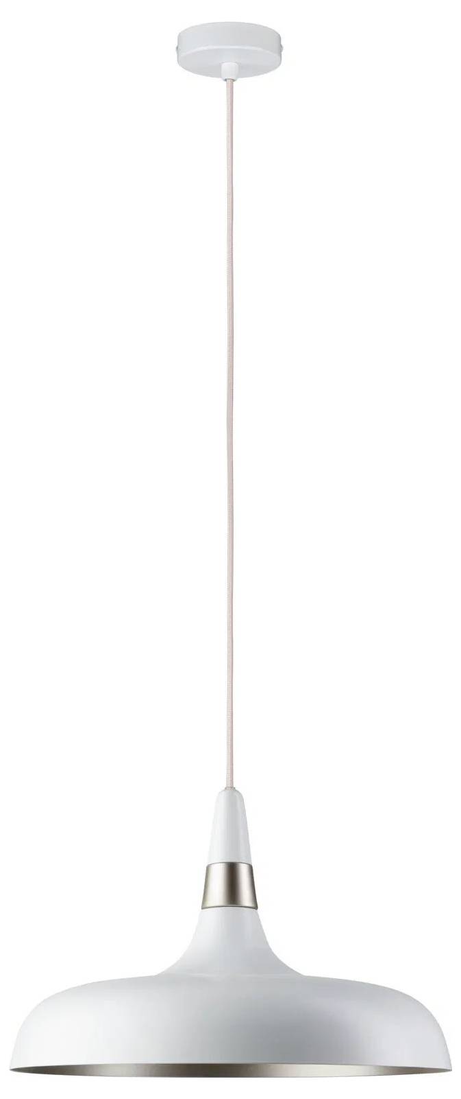 Biele závesné svietidlo s elegantným, moderným dizajnom visí zo stropu, pričom má hladký kupolový tvar a tenký závesný kábel.