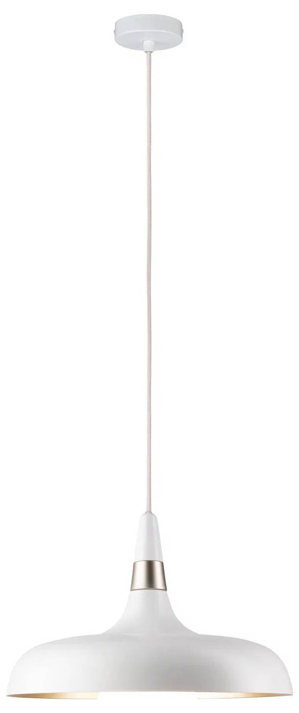 Moderný, biely, kopulovitý závesný svetelný bod s tenkým, priamym káblom visiaci zo stropu, určený do interiéru.