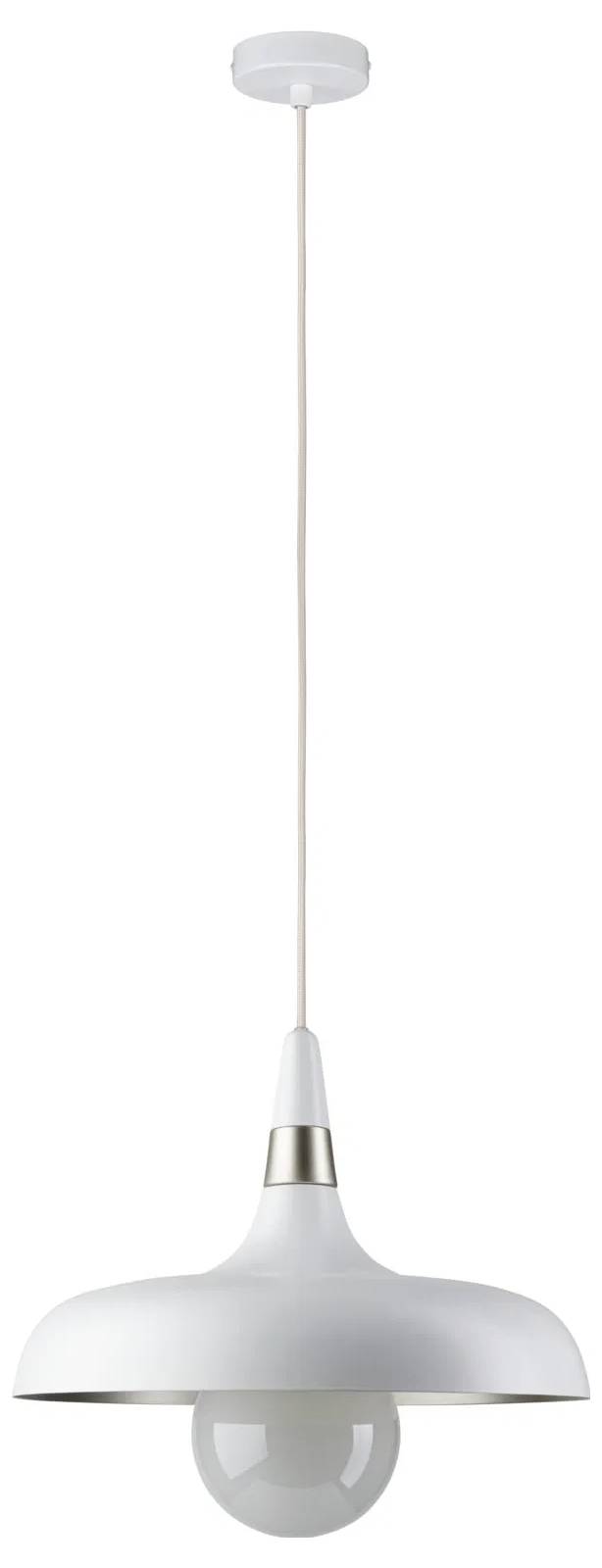 Moderná biela závesná lampa s hladkým, kupolovitým tienidlom a štíhlym závesným káblom, určená na montáž na strop.