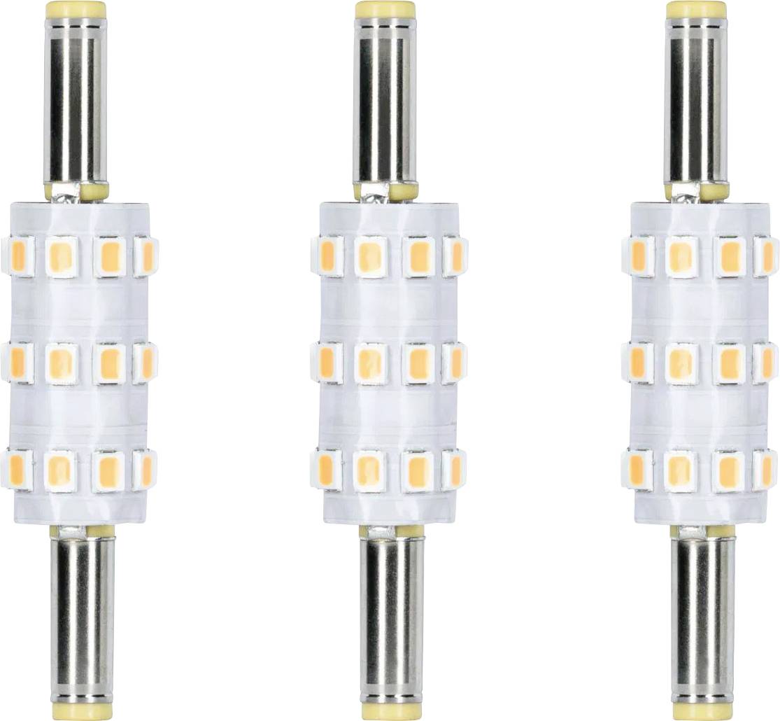 Tri valcovité LED žiarovky usporiadané zvisle, každá s viacerými radmi malých žltých svetiel, uzavretých v priehľadnom kryte.