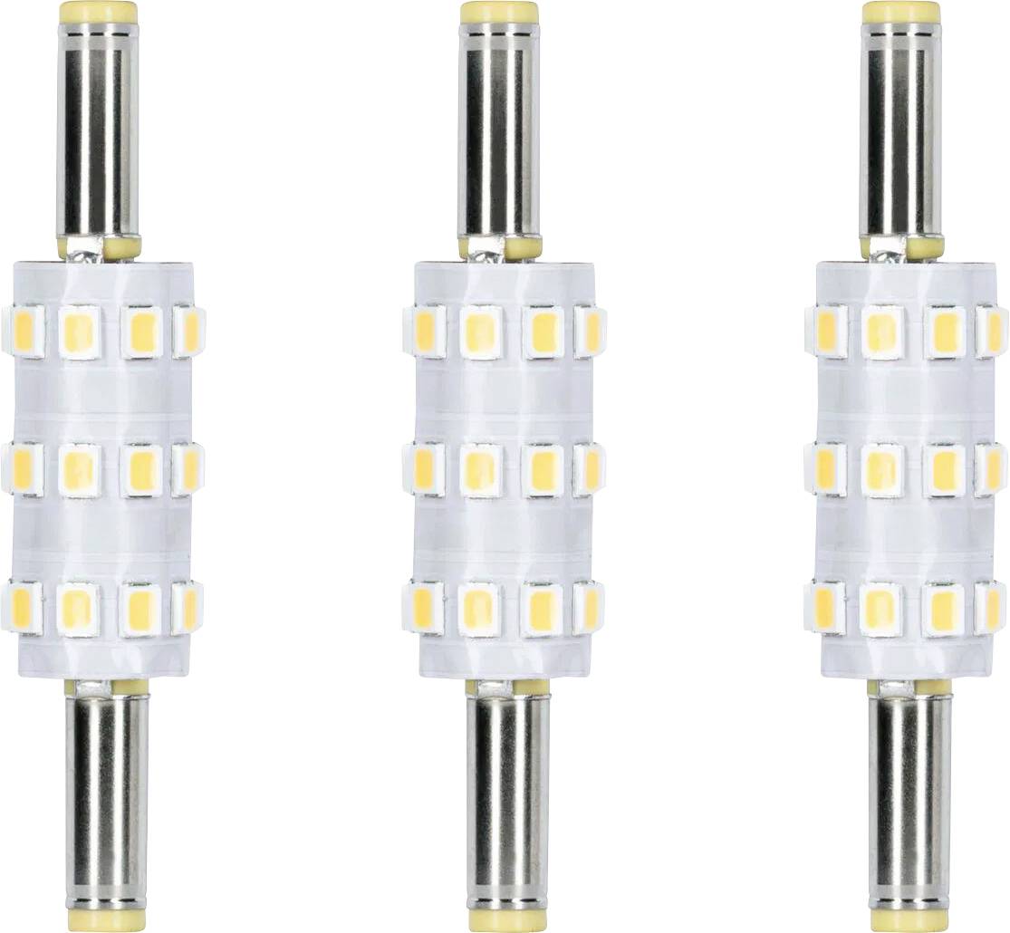 LED žiarovky v rade, každá s valcovitým tvarom a viacerými malými svetlami uzavretými v priehľadnom materiáli.