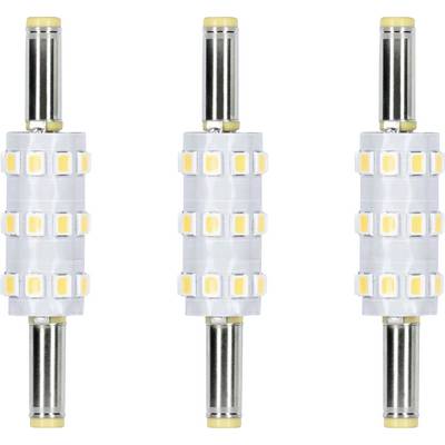 Tri LED valcové žiarovky s kovovými koncami sú zarovnané vertikálne na bielom pozadí. Každá žiarovka má sériu štvorcových LED čipov.