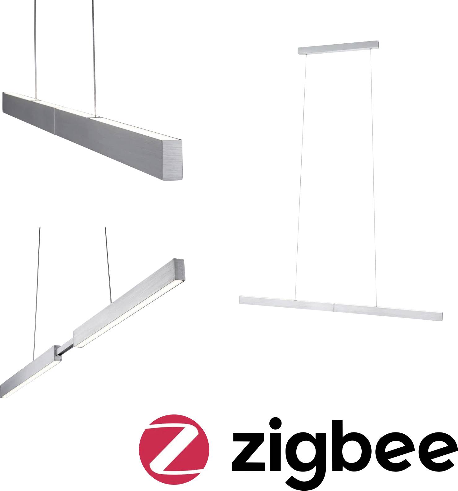 Tri pohľady moderného, štíhleho, obdĺžnikového strieborného svetelného telesa zavesené na drôtoch. Logo Zigbee je zobrazené v spodnej časti.