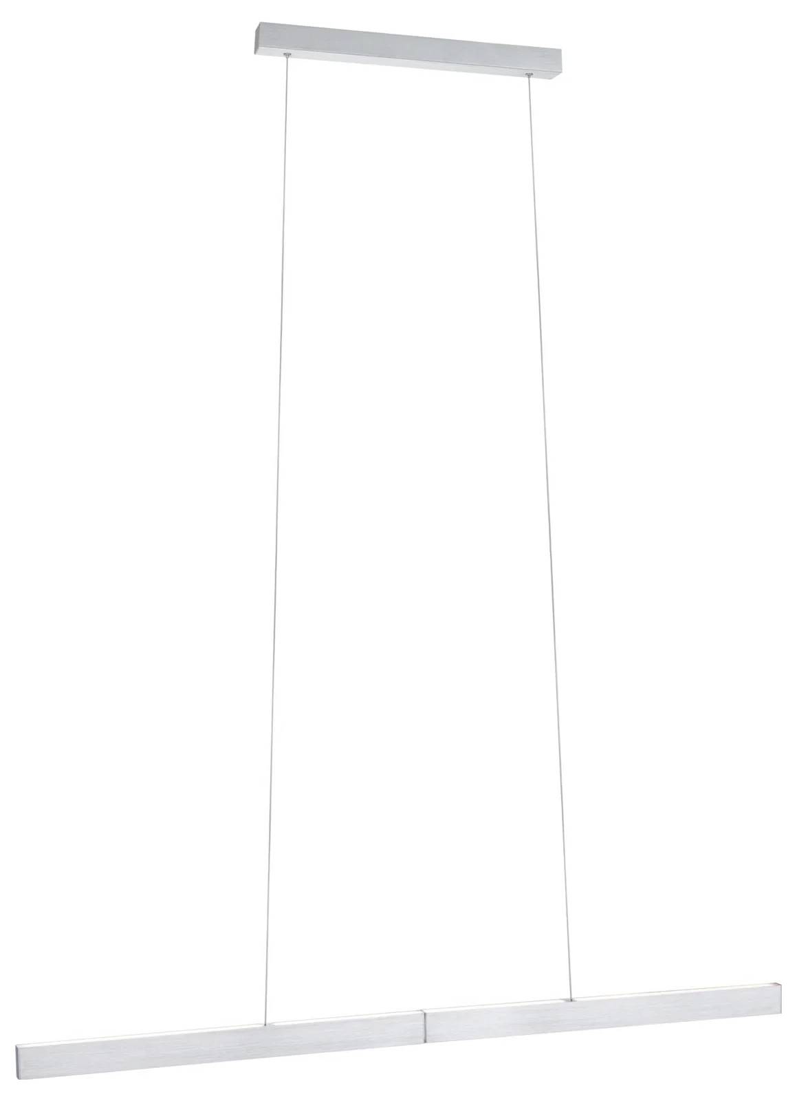 Moderné, minimalistické lineárne závesné svietidlo s elegantnými kovovými plochami, zavesené od stropu pomocou dvoch tenkých drôtov.
