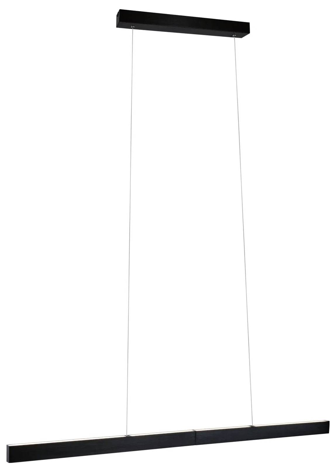 Elegantná, obdĺžniková čierna závesná lampa visí horizontálne, zavesená na tenkých drôtoch z identického stropného držiaka, vhodná do moderných interiérov.