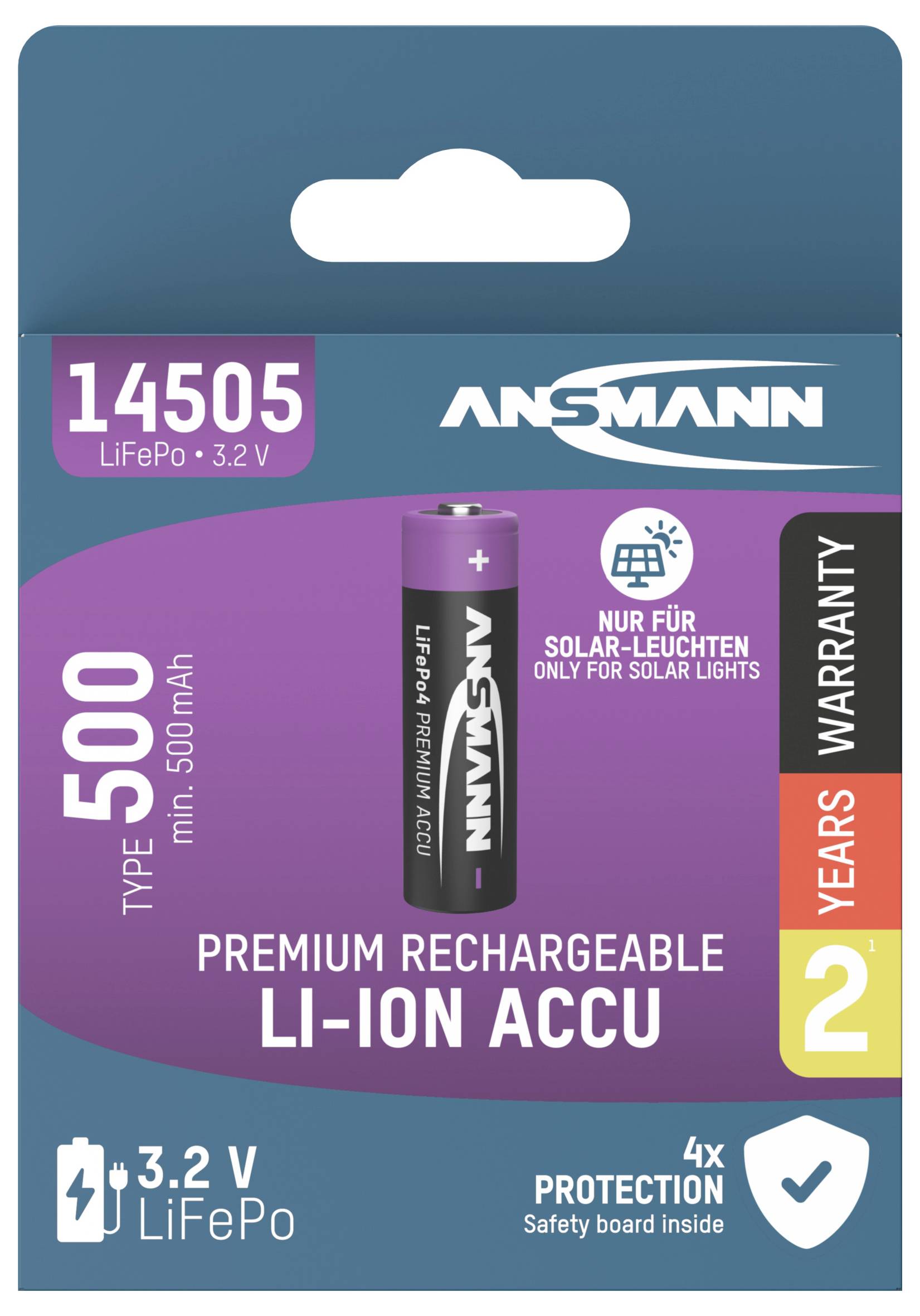 Prémiová dobíjateľná lítiovo-iónová batéria' balenie zobrazujúce typ 14500 s kapacitou 500mAh, 3,2V. Súčasťou je 2-ročná záruka a poznámka o použití so solárnymi zariadeniami.