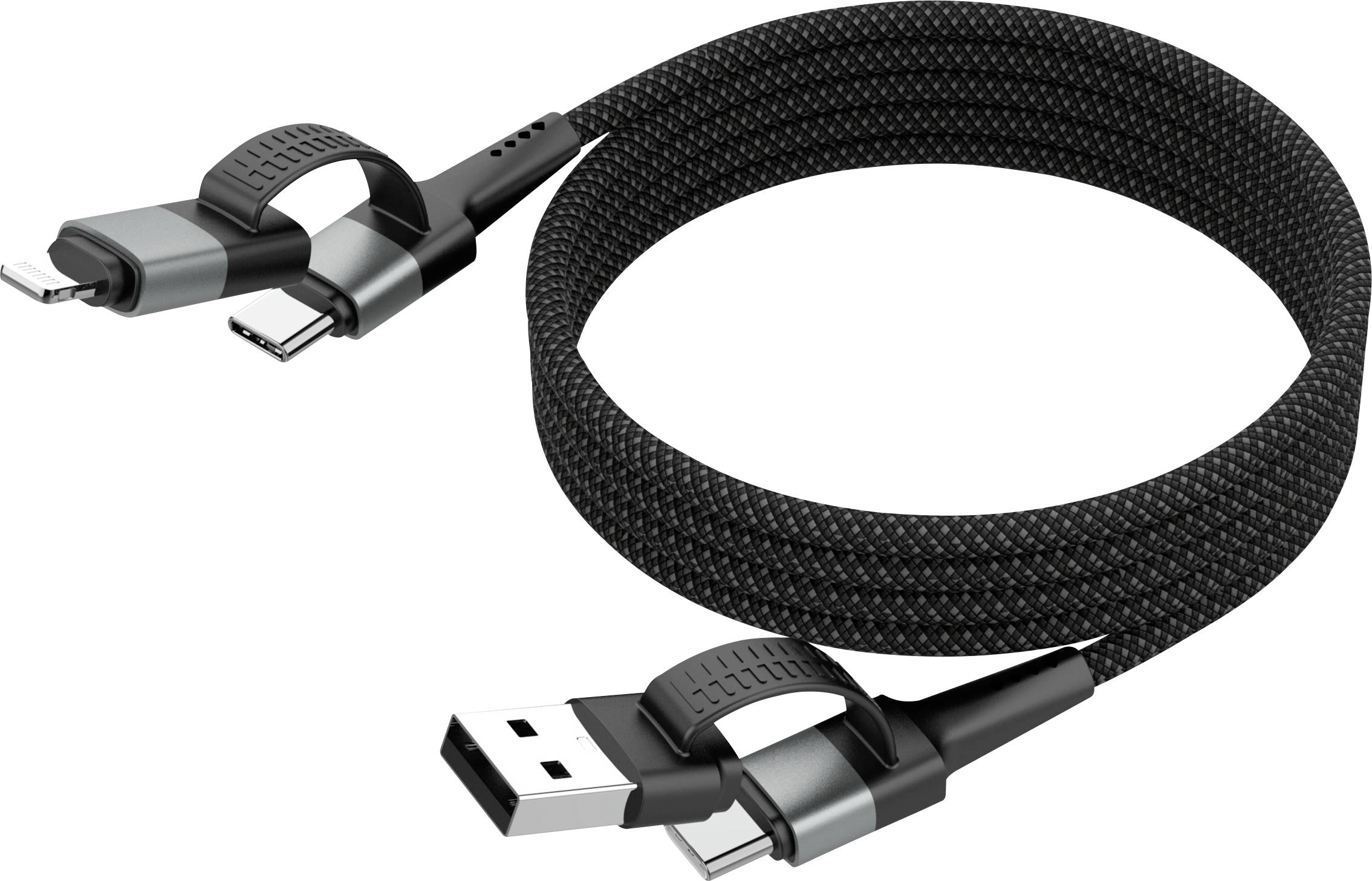 Čierny pletený nabíjací kábel s troma konektormi: USB, micro-USB a USB-C, elegantne zvinutý pre všestrannosť a pohodlie.