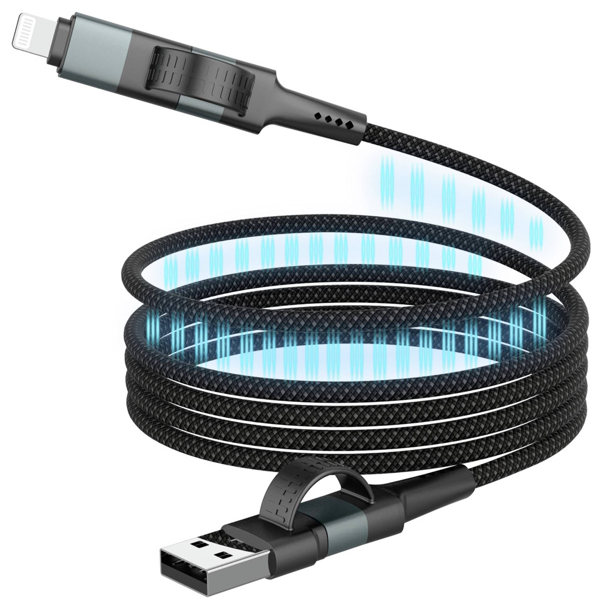 Stočený čierny nabíjací kábel s USB a lightning konektormi má svetielkujúce modré svetlo signalizujúce aktívny prenos dát.