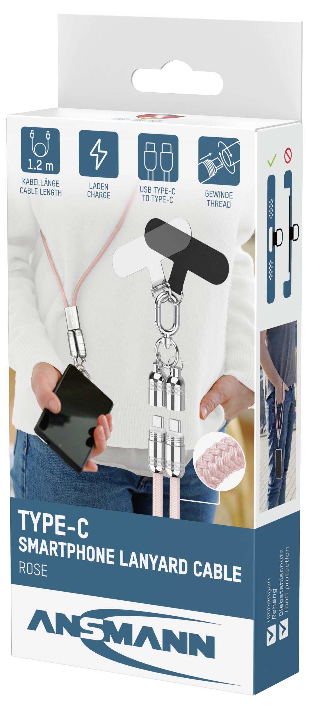 Lanyard kábel pre smartfón Type-C, Ružový - balenie zobrazuje ružový kábel s Type-C konektormi. Vlastnosti zahŕňajú dĺžku 1,2 m a schopnosť nabíjania.