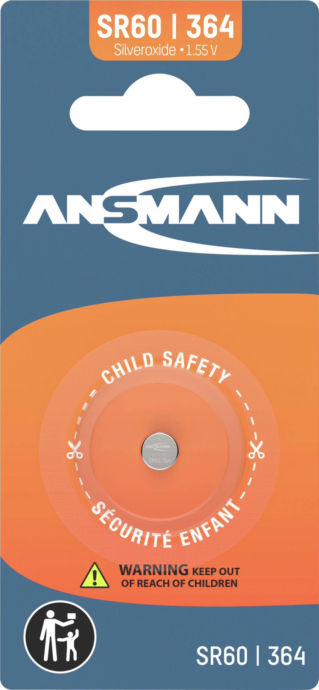 "ANSMMAN SR60 | 364 Silveroxid 1.55 V" gombíková batéria, označená "BEZPEČNOSŤ DETÍ", výstražná ikona pre bezpečnosť detí.