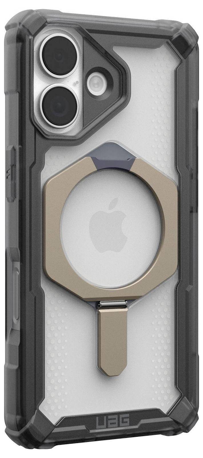 Ochranný telefónny kryt s výrezom pre duálny fotoaparát, magnetickým MagSafe okruhom a robustným, štruktúrovaným dizajnom s priesvitným zadným krytom zobrazujúcim logo Apple.