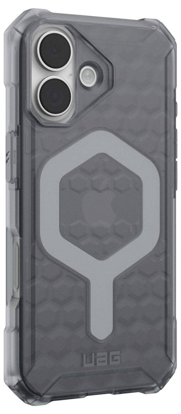 Odolný, priehľadný smartfónový kryt s hexagonálnymi vzormi, s výrezmi pre duálny fotoaparát a dizajnom kompatibilným s MagSafe.