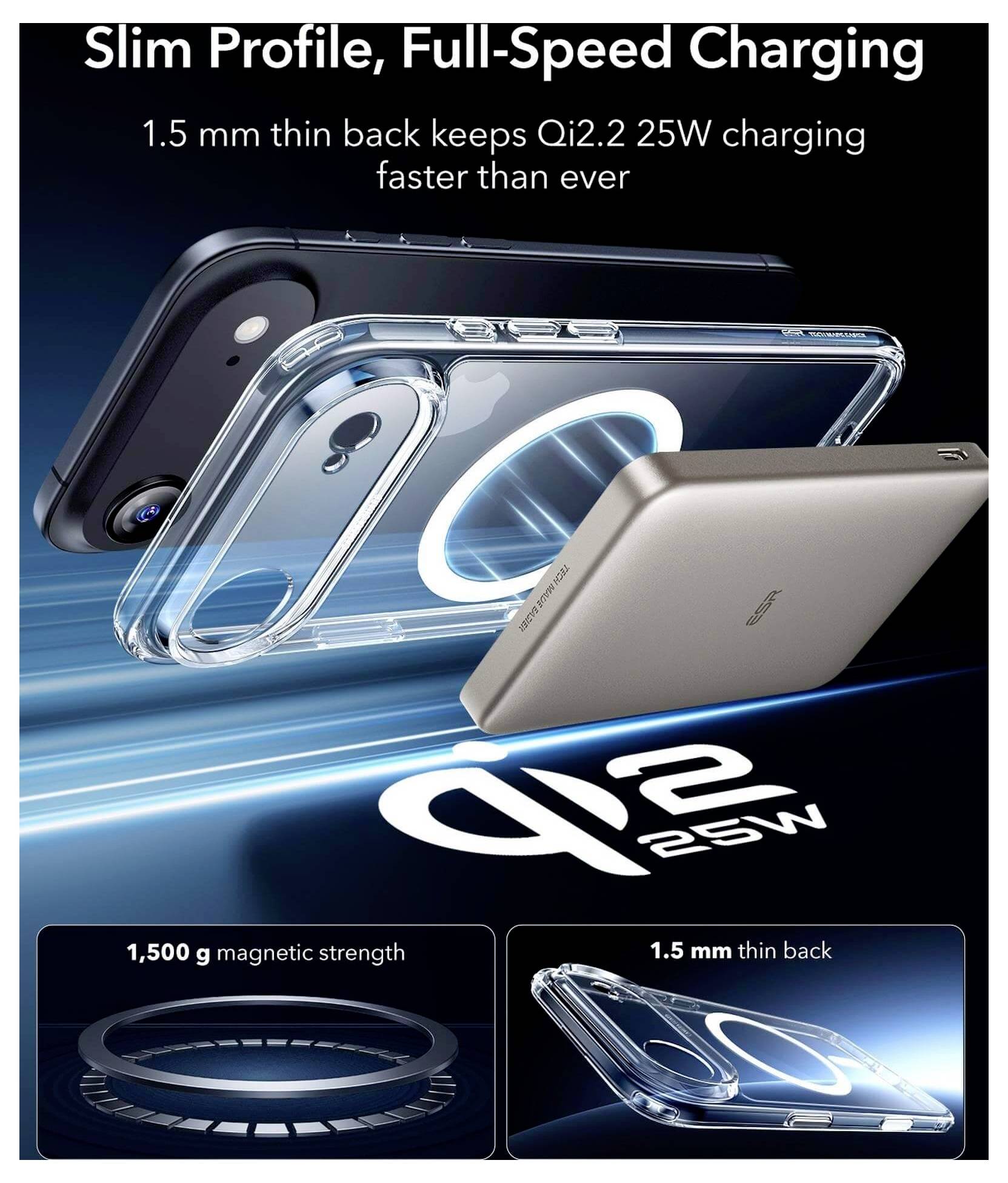 Qi2.2 25W puzdro s 1,5 mm tenkým zadným krytom a magnetickou silou 1 500 g umožňuje rýchle nabíjanie a štíhly profil pre smartfóny.