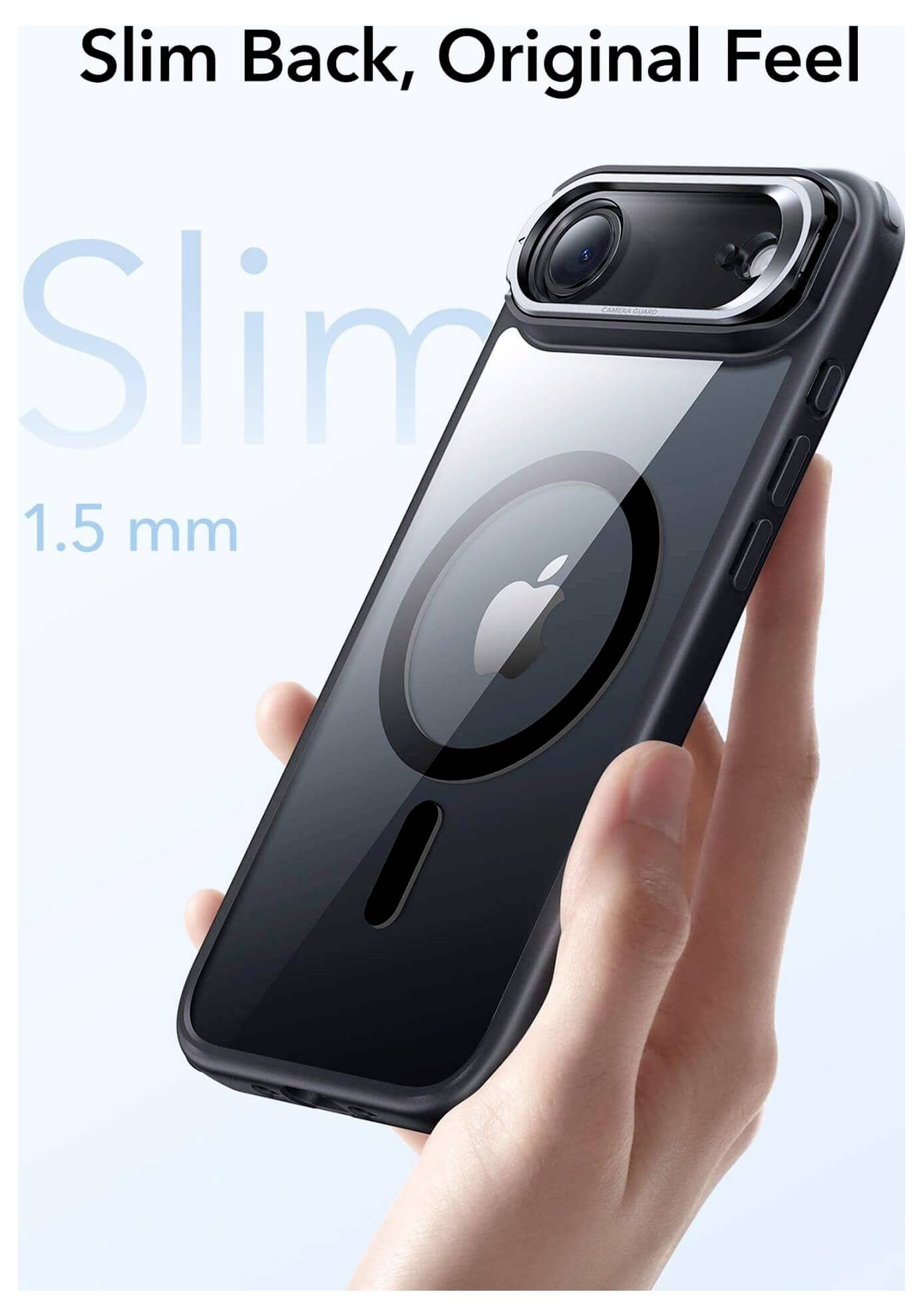 V ruke drží štíhly čierny obal na telefón s viditeľným logom Apple a otvorom pre kameru, s textom: 'Štíhly zadný kryt, Pôvodný pocit', '1,5 mm'.