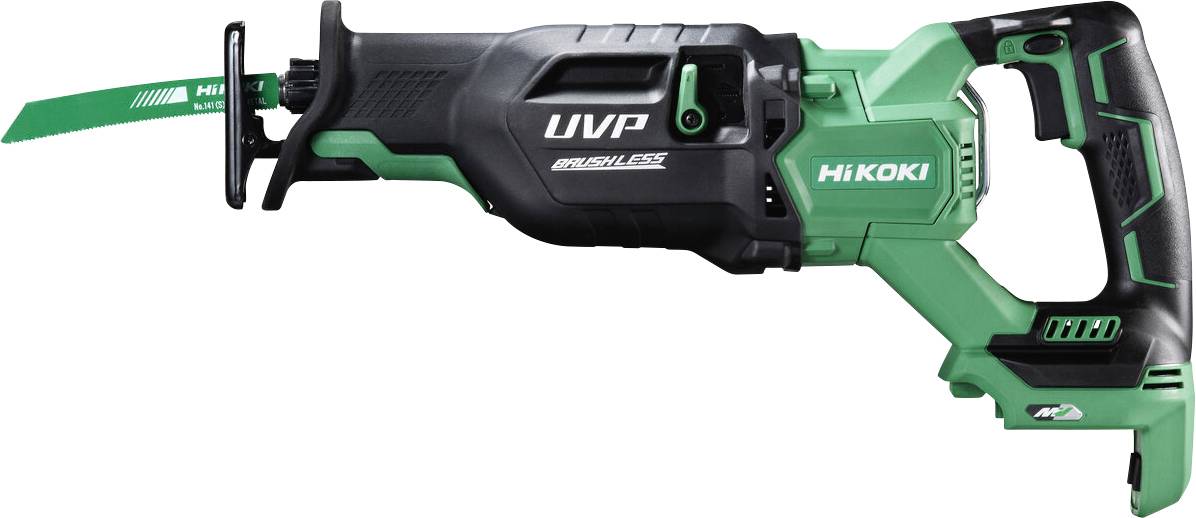 Zelená a čierna priamočiara píla HiKOKI s viditeľnou pílovou čepeľou, označená ako 'UVP Brushless', určená na rezanie rôznych materiálov.