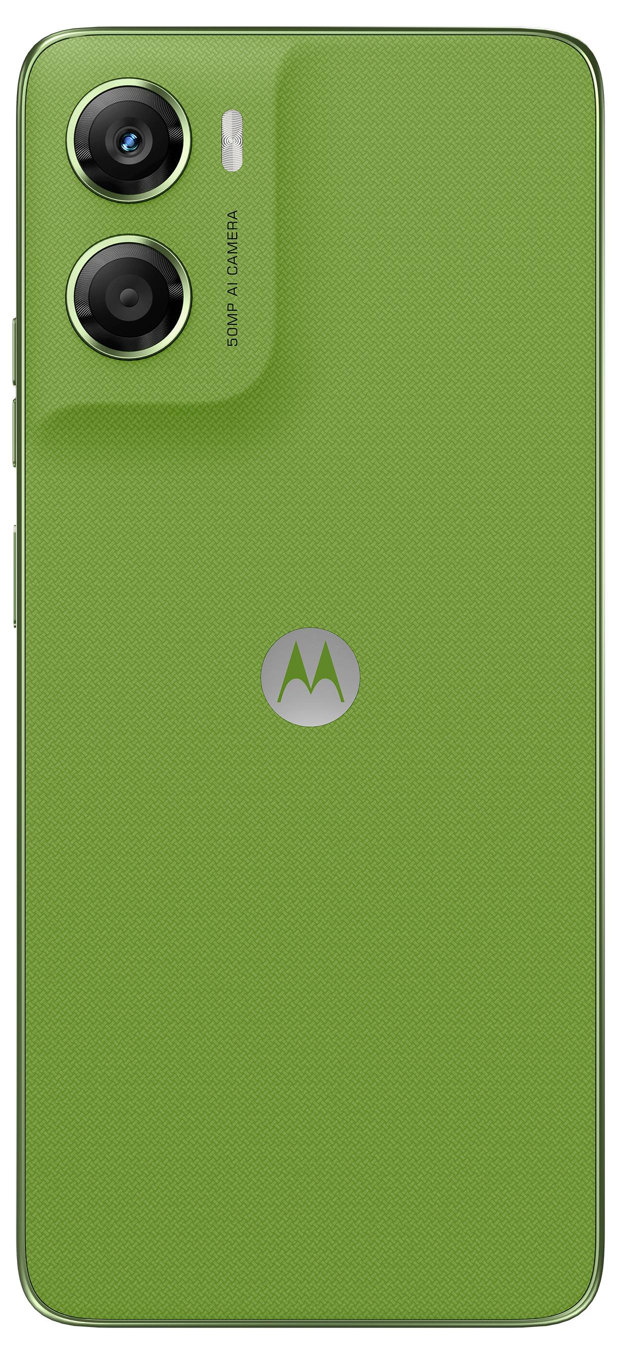 Zelený smartfón s dvoma zadnými fotoaparátmi a textúrovaným povrchom. Logo Motorola je umiestnené v strede pod fotoaparátmi.
