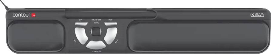 Čierny ergonomický počítačový touchpad označený nápisom 'Contour X: BAR', so stredovým navigačným tlačidlom a tlačidlami pre ľavý a pravý klik.