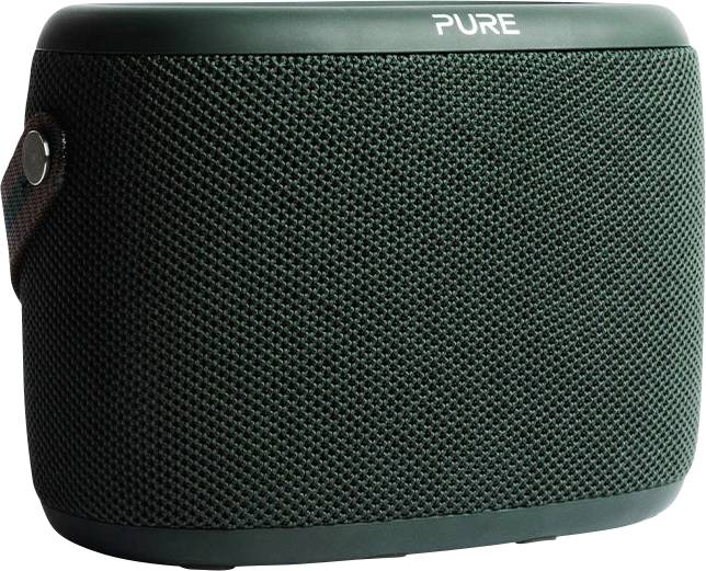 Zelený prenosný bluetooth reproduktor s textilným poťahom a rukoväťou, na ktorom je na vrchu zobrazený názov značky 'Pure'. Vhodný pre bezdrôtové streamovanie zvuku.
