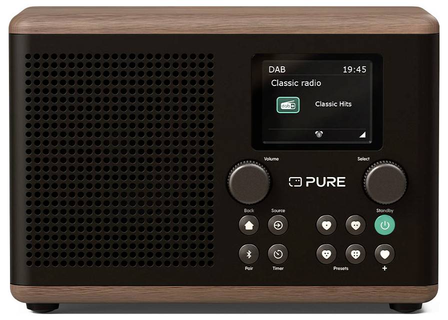 Digitálne rádio s displejom zobrazujúcim 'DAB Classic rádio', čas '19:45' a práve hrajúce 'Classic Hits'. Ovládacie prvky zahŕňajú hlasitosť, výber a predvoľby.