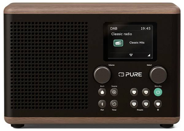 Pure Classic H4 Coffee Black/Walnut EU/UK 252983 stolný rádio, DAB+, FM, Bluetooth, AUX, funkcia alarmu, čierna, drevo