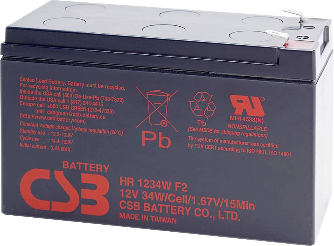 Hermeticky uzavretá olovená batéria označená "CSB Battery". Obsahuje symboly recyklácie a bezpečnosti, údaje o napätí a kapacite a informácie o výrobcovi.