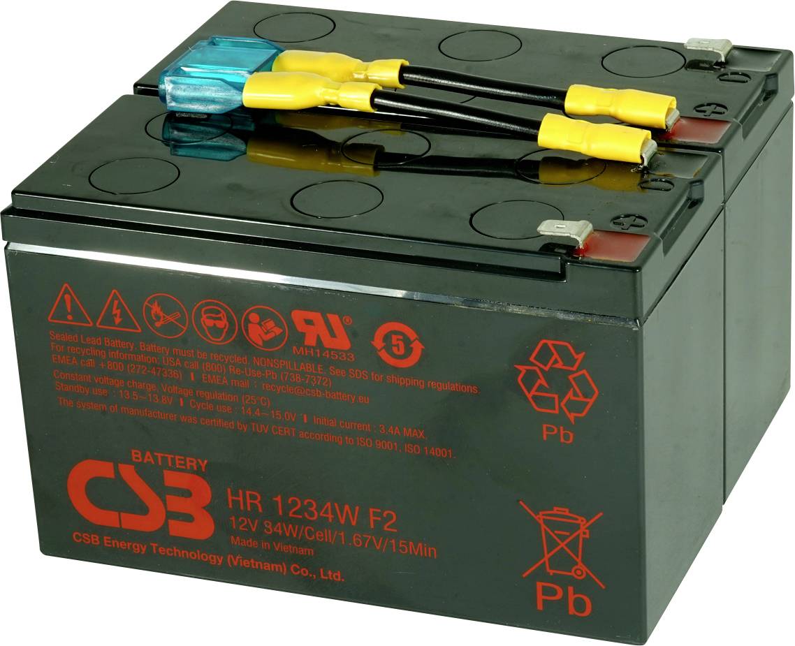 Čierna 12V batéria označená ako 'HR 1234W F2' od spoločnosti CSB Energy Technology, s červenými symbolmi znázorňujúcimi správnu orientáciu a pokyny na použitie.
