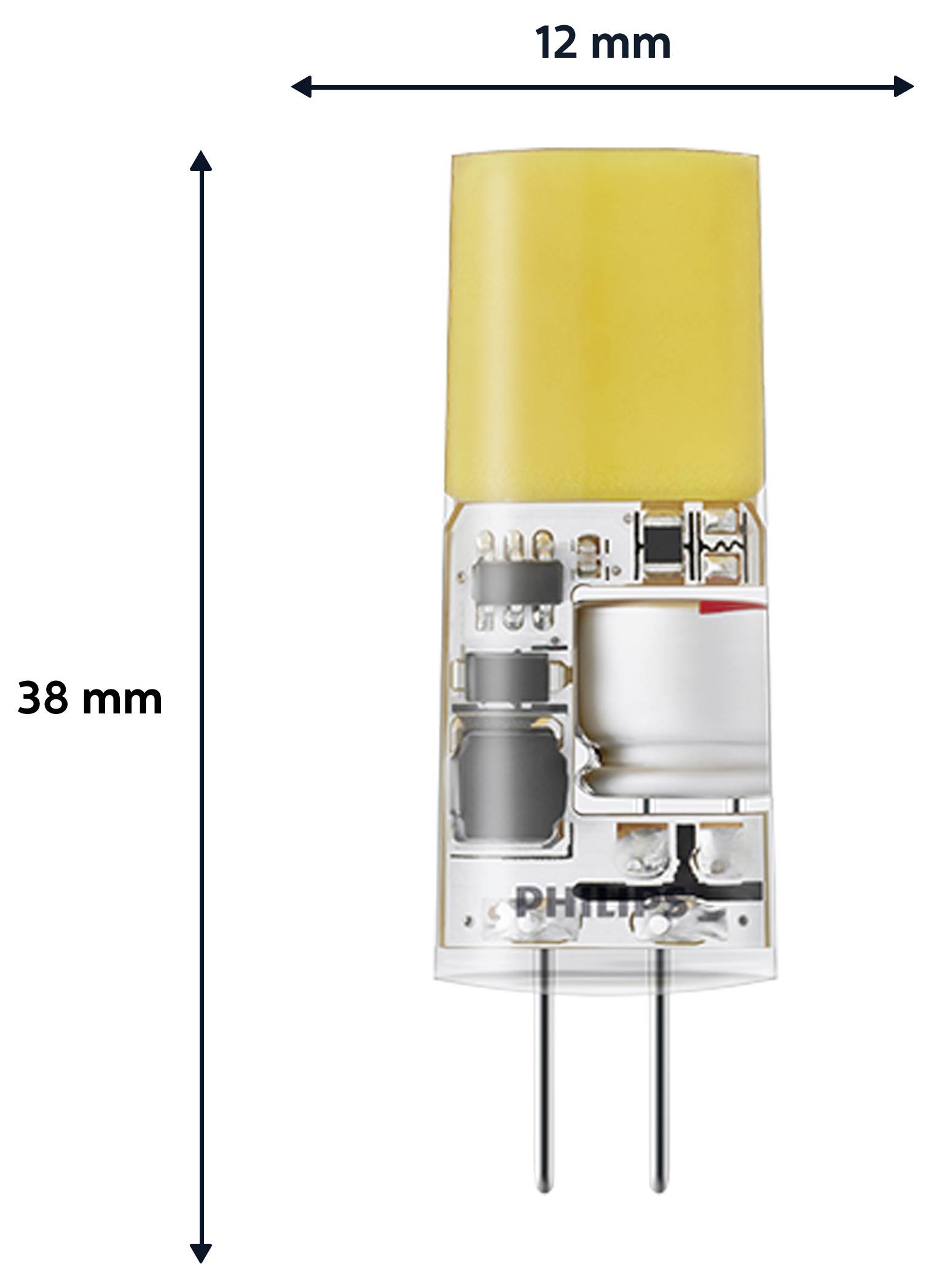 Kompaktná elektronická súčiastka označená rozmermi: 12 mm široká a 38 mm vysoká, s viditeľným vnútorným obvodom a dvoma kovovými tŕňmi.